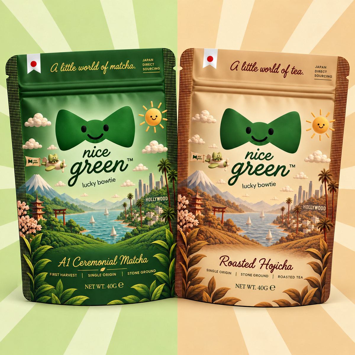 Nice Green duo with one A1 Matcha 40 g pouch and one Hojicha 40 g pouch