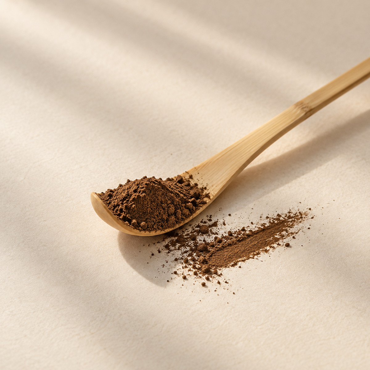 Rich roasted brown hojicha powder in a bamboo tea scoop with a small powder trail