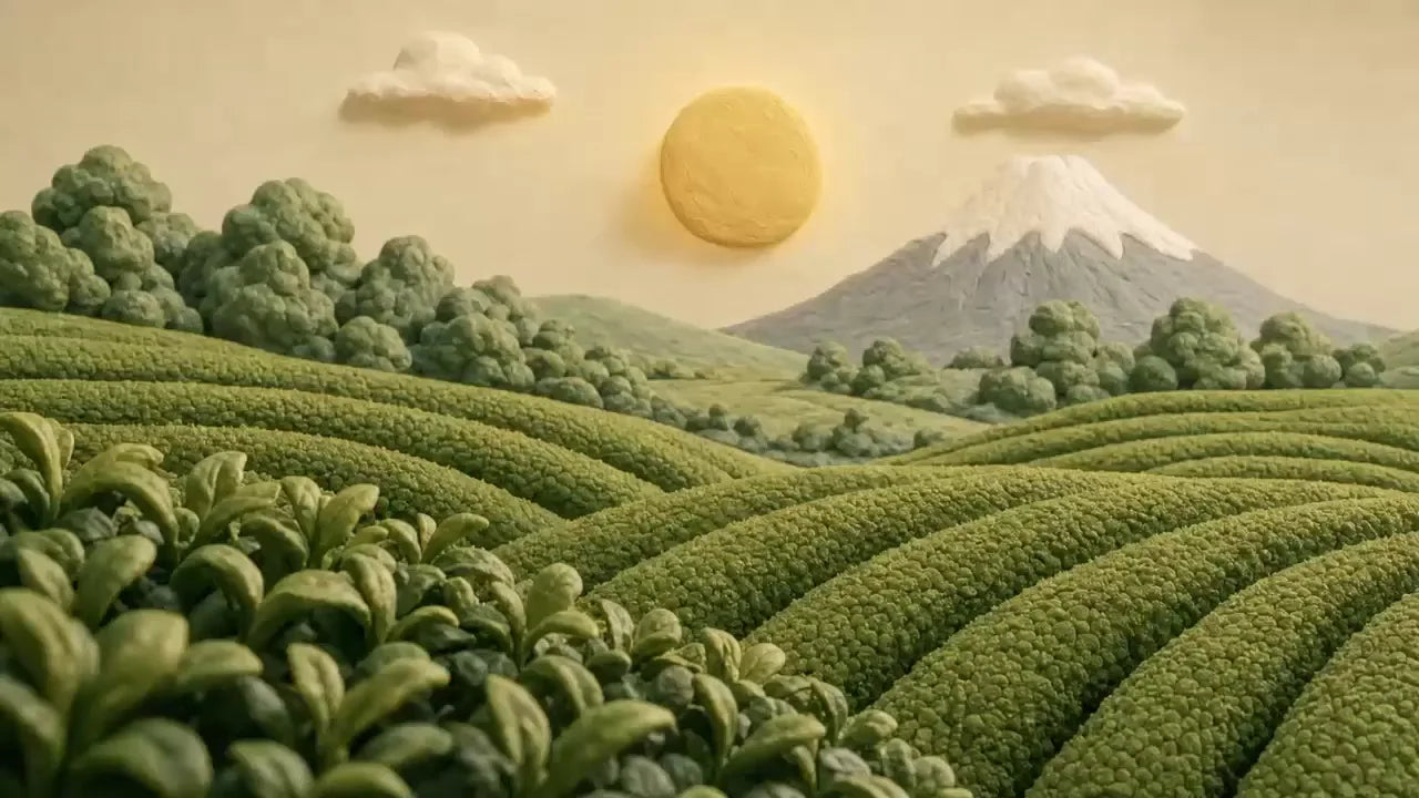Soft clay tea fields, Mount Fuji and a warm rising sun