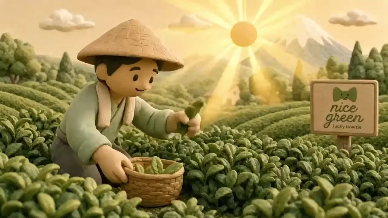 A tea farmer gathering leaves in the warm morning light
