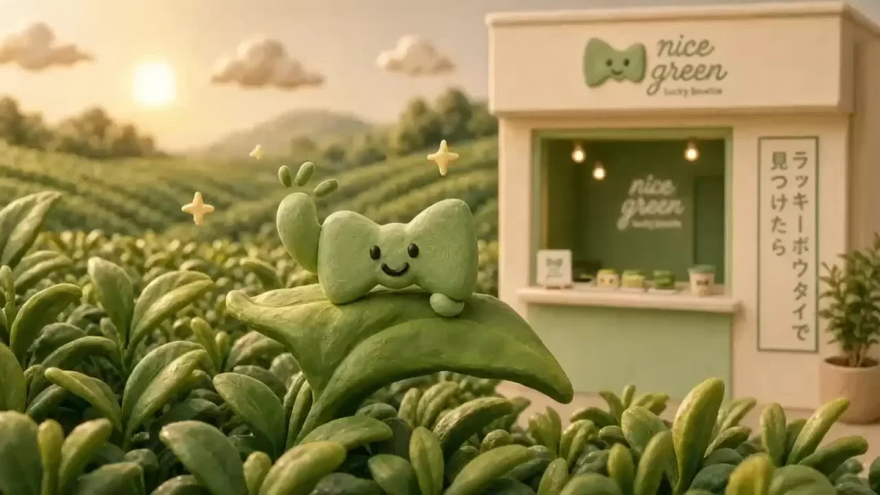 Bowie sitting on a tea leaf beside the little Nice Green shop