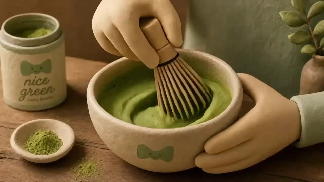 Matcha being whisked in a handmade ceramic bowl